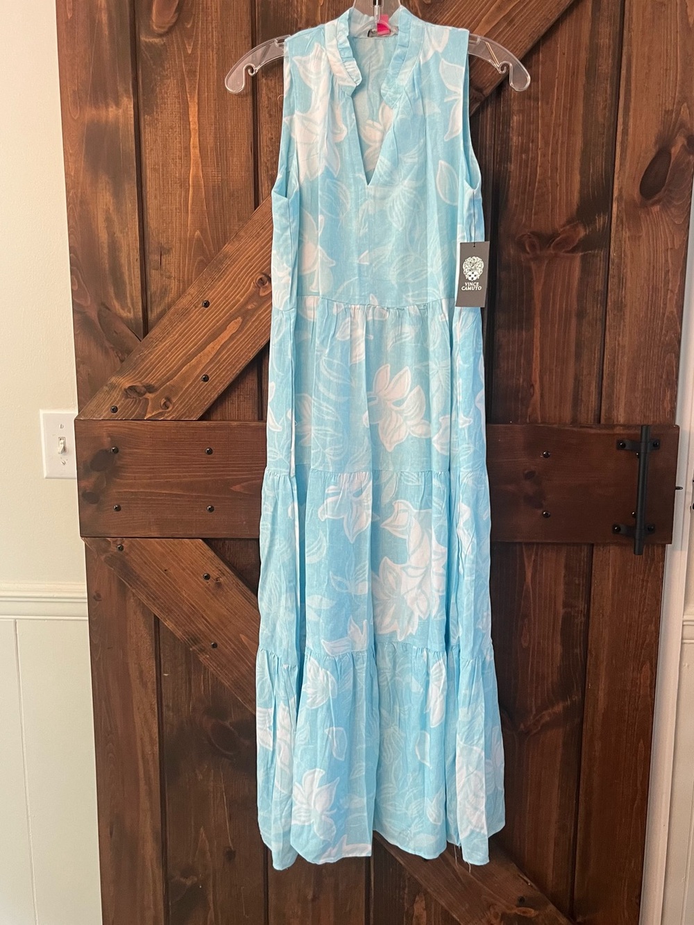 NWT Vince Camuto Light Blue Floral Maxi Dress ~V-Neck~ Petite Small w pockets